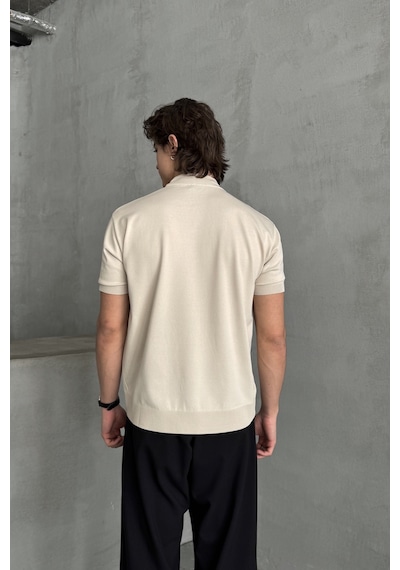 Erkek Oversize Yarım Balıkçı Triko T-shirt Bej