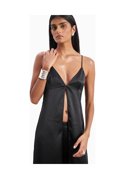 Because Of Alice Satin V Neck Longline Camisole Parlak V Yaka Saten Kadın Bluz Siyah
