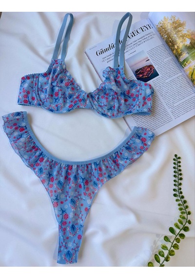 Gece Perisi Kadın Mavi Çiçek Desenli Balenli Telli Bralet Tanga İç Giyim Takımı 2 Parça Sütyen Takım Gece Perisi Kadın Mavi Çiçek Desenli Balenli Telli Bralet Tanga İç Giyim Takımı 2 Parça Sütyen Takım
