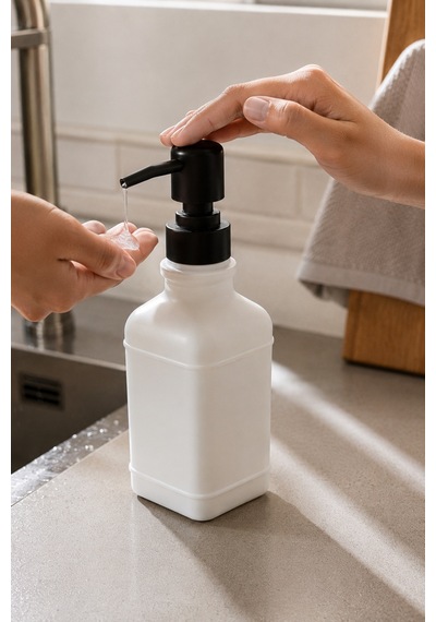 Aura Cam Sıvı Sabunluk 400 Ml Siyah Pompalı Modern Dekoratif Banyo Ve Mutfak Dispenseri - 19,5 Cm X 6 Cm X 6 Cm Beyaz