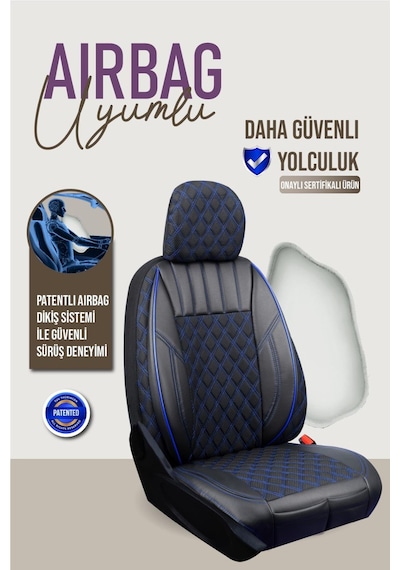 Renault Clio 3 Hatchback Yarı Deri Oto Koltuk Kılıfı Siyah Mavi Petra Serisi