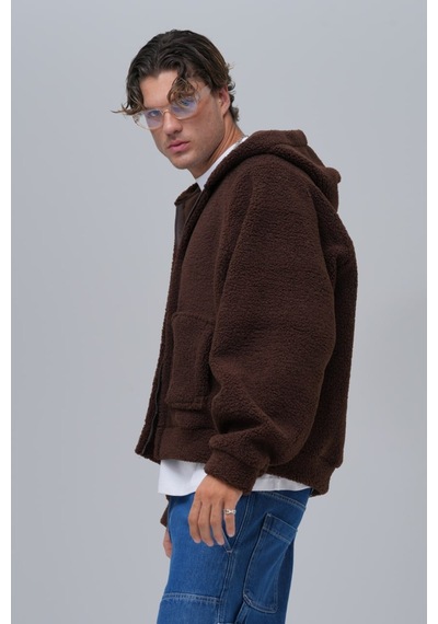Düz Fermuarlı Cepli Kapüşonlu Unisex %100 Pamuk Sweatshirt Kahverengi