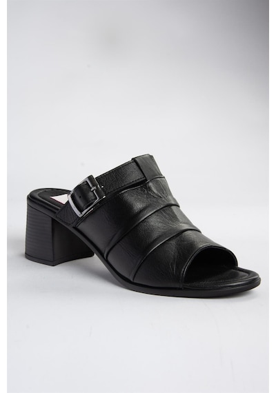 Fox Shoes P555450903 Siyah Hakiki Deri Kalın Topuklu Günlük Kadın Terlik