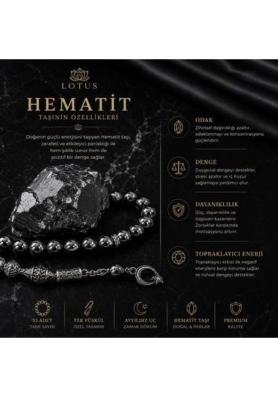 Dark Noble Ultra Premium Tesbih Kalın Taneli Hematit Erkek Tesbihi Gümüş