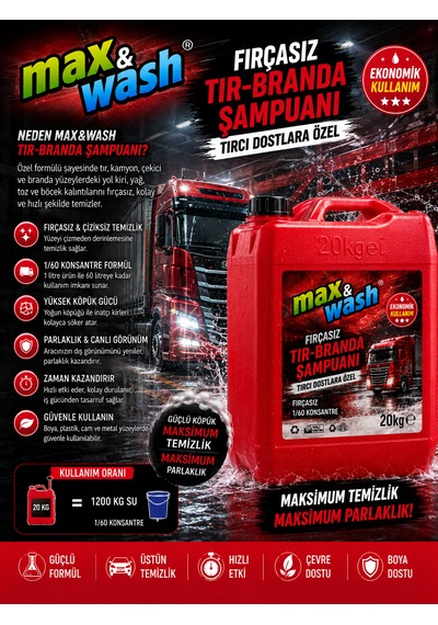 Max&wash 20 Kg Fırçasız Tır-branda Şampuanı 1/60 Konsantre Fırçasız Oto Yıkama Ve Branda Temizleyici