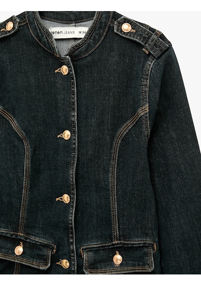 Koton Cepli Omuz Apoletli Pamuklu Düğmeli Dik Yaka Denim Ceket Koyu İndigo 7wal50021md