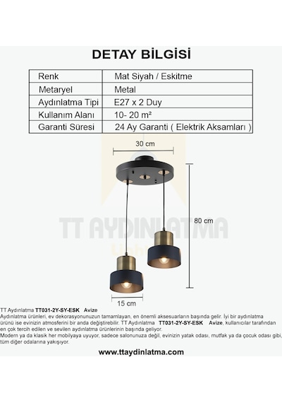 Tt031-2Y-Sy-Esk Tt Aydınlatma Mat Siyah-Eskitme 2 Li Yuvarlak Avi