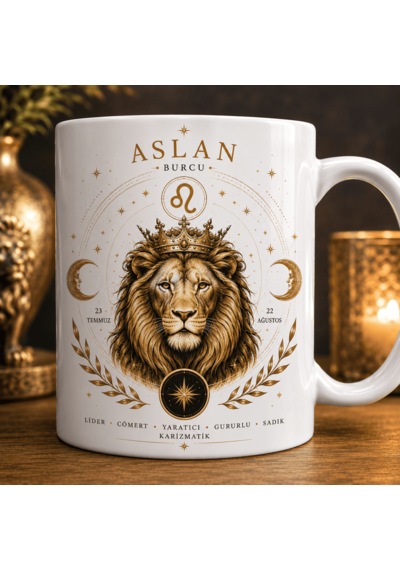 Aslan Burcu Temalı Kupa Bardak Astroloji Ve Burç Tasarımlı Seramik Kupa Beyaz