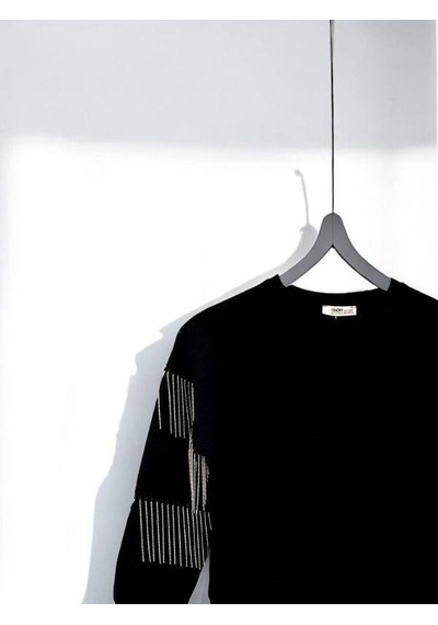 Kız Çocuk Yüzde Yüz Pamuklu İki İplik Zincir Detaylı Sweatshirt-14446 Siyah