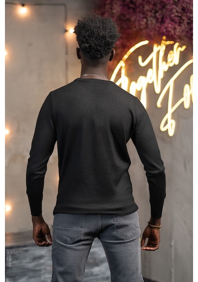 Woolen World Regular Fit Yünlü Kendinden Desenli Bisiklet Yaka Triko Kazak Siyah