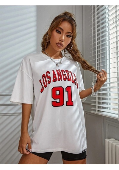 Startmore Beyaz Los Angeles 91 Yazılı Oversize Penye T-shirt Garalio