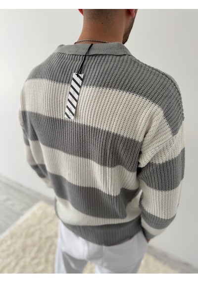 Say-Has Fashion Rahat Kalıp Erkek Polo Yaka Çizgili Triko Kazak Gri
