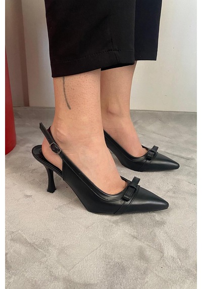 Preshley Kadın Madame Siyah Cilt Fiyonk Detaylı Arkası Acık 9 Cm İnce Topuklu Ayakkabı Siyah