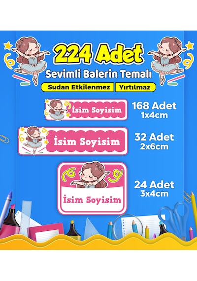 Sevimli Balerin Temalı Okul Kreş Kişiye Özel İsim Etiket Seti - Model 454 Çok Renkli
