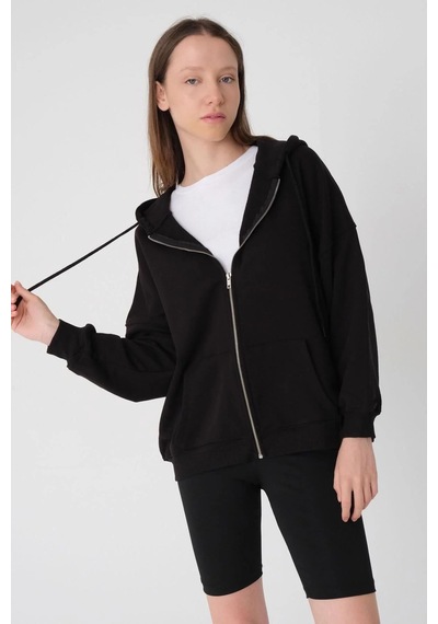 Mellorenzo 3 İplik Şardonlu Fermuarlı Kapüşonlu Sweatshirt Siyah Siyah