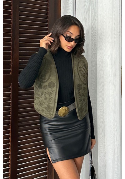 Verymoda Nakışlı Scuba Süet Yelek I F2001 Haki