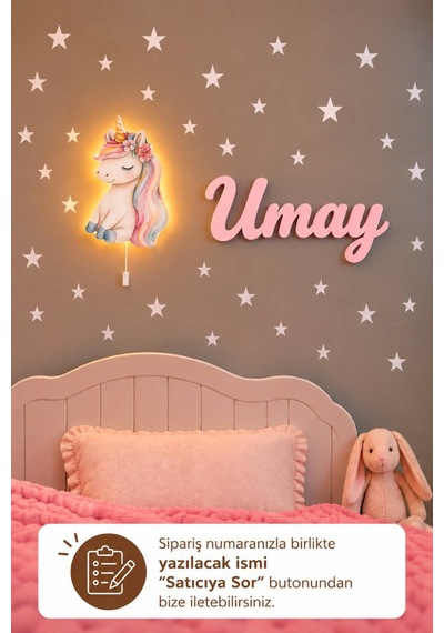 Ahşap Unicorn Lamba & Işıksız İsimlik Seti İsimli Bebek Ve Çocuk Odası Dekoru Pembe