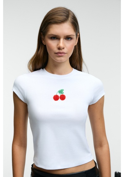 ETHIQUET ZEFIRA Kadın Bisiklet Yaka Kısa Kollu Önü Boncuk İşleme Detaylı Slim Beyaz T-Shirt