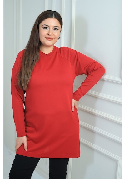 Kadın Büyük Beden Soğuk İplik Triko Tunik Bluz Kırmızı
