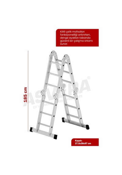 Asvera 3.7 Metre Çok Amaçlı Akrobat Merdiven - 12 Basamaklı 4x3 Katlanır Profesyonel Merdiven
