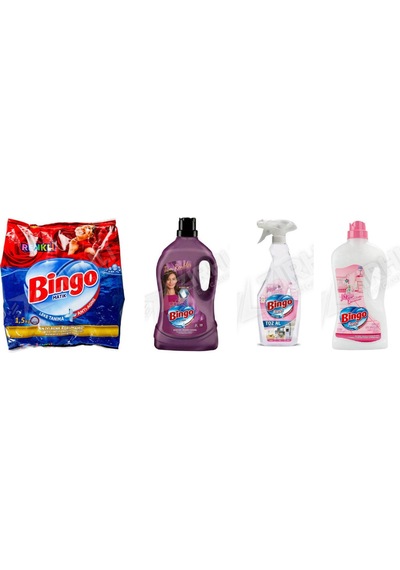 Bingo Renkliler İçin Toz Deterjan 1.5 Kg + Tüm Renkler Sıvı 3 L + Toz 750 Ml + Yüzey Tem. Fresh 2.5 Lt 4'lü Set Diğer