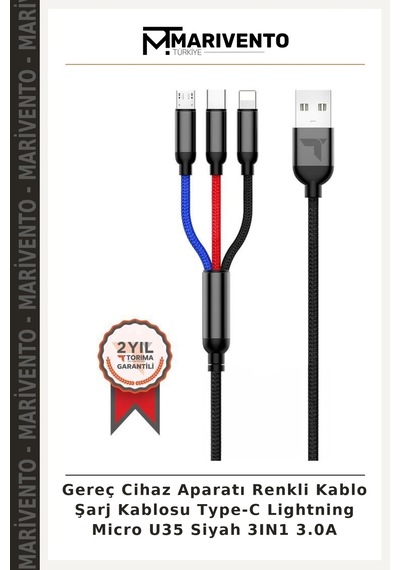 Gereç Cihaz Aparatı Renkli Kablo Şarj Kablosu Type-c Lightning Micro U35 Siyah 3ın1 3.0a