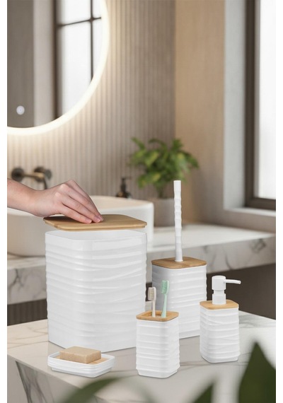 Luna Beyaz Bambulu Banyo Seti 5 Parça Plastik