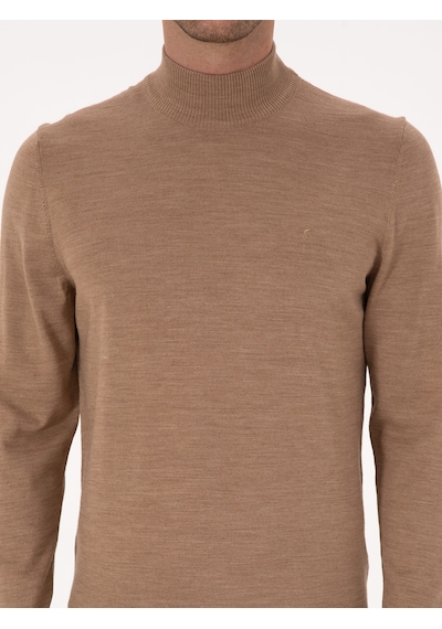 Cacharel Camel Slim Fit Yün Karışımlı Yarım Balıkçı Basic Triko Kazak Kahverengi
