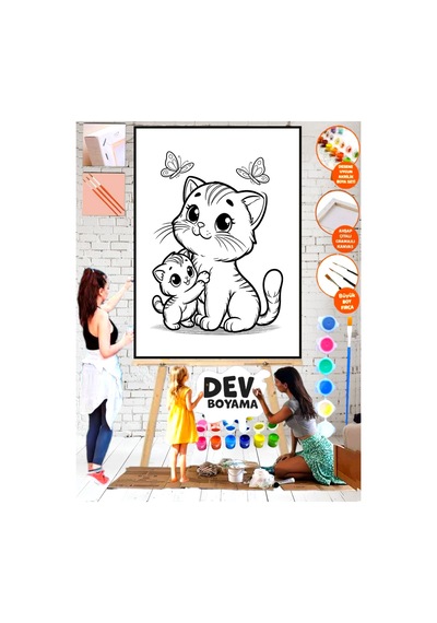 Mega Boyama Sayılarla Kedi Yavru Boyama 25x35 Kanvas Tuval Akrilik Çocuk Hobi, Etkinlik Seti
