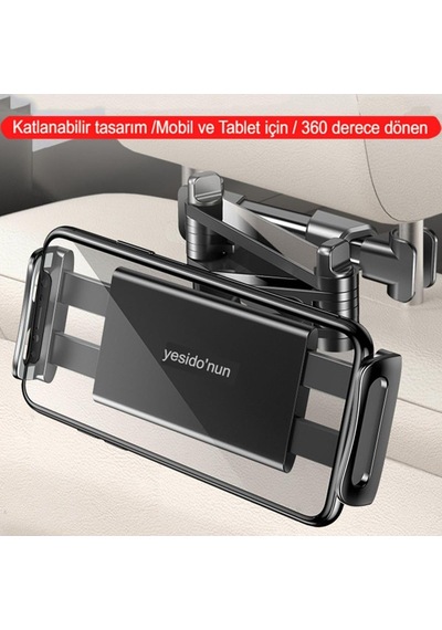 Araç İçi Koltuk Arkası Tablet Ve Telefon Tutucu Uzunluk Ayarlı 360 Derece Dönebilen Sabitlenebilen