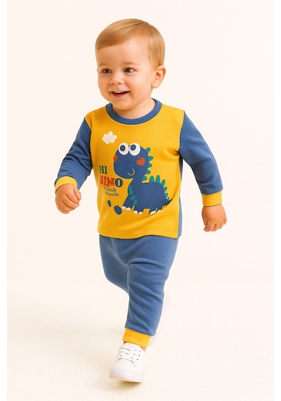 Aden Kids Erkek Çocuk Dinozor Baskılı Pamuklu Penye Pijama Takımı 0-5 Yaş Mevsimlik, Günlük Kullanıma Uygun Lacivert - Sarı