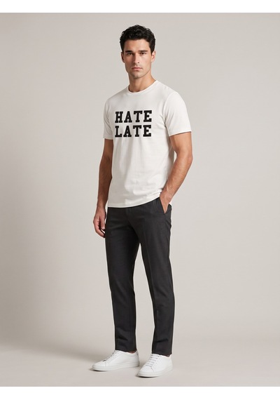 Maccali Erkek Beyaz Hate Late Baskılı Bisiklet Yaka Bol Kesim Tişört