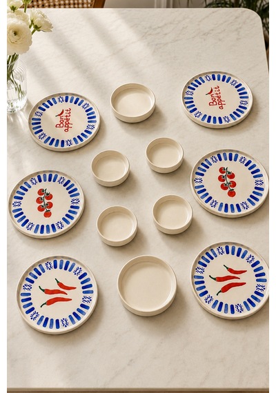 Blue Bon Appetit 12 Parça 6 Kişilik Stackable Seramik Kahvaltı Takımı Lüx Sunum Seti Tabağı Beyaz