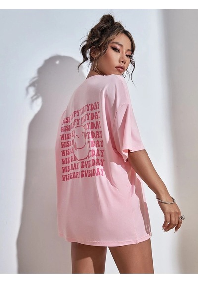 Flood Of Style Kadın Pembe Wish Happy Everyday Baskılı Oversize T-shirt