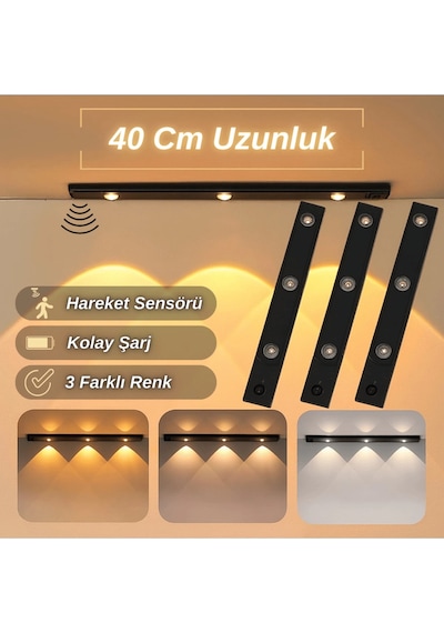 40cm Sensörlü Şarjlı Led Dekoratif Lamba Mıknatıslı 3 Farklı Renk Şerit Led Çok Renkli