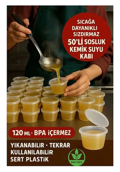 50 Adet Sızdırmaz 120 Ml Mini Saklama Kabı Sosluk Buzluk Kabı, Et Suyu, Kemik Suyu, Sos Kabı Şeffaf
