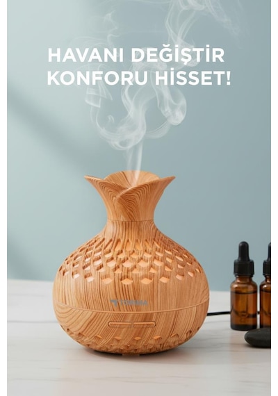 H15 Ahşap Led Işıklı 300ml Sessiz Ultrasonik Flower Hava Nemlendirici (İthalatçı Garantili)