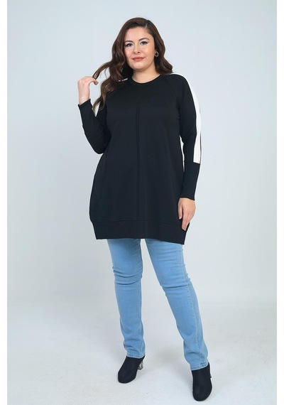 By Saygı Kadın Kolları Şeritli Büyük Beden Tunik Bluz-41899 Siyah