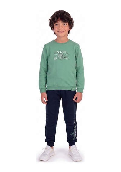 Onloox Erkek Mint Yeşili Erkek Çocuk Mint Yeşili Pamuklu Bisiklet Yaka Dar Paça Regular Baskılı Eşofman Takımı 4-8 Yaş