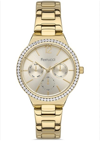 Ferrucci Gold Renk Çelik Zirkon Taşlı Kadın Kol Saati+bileklik Gold