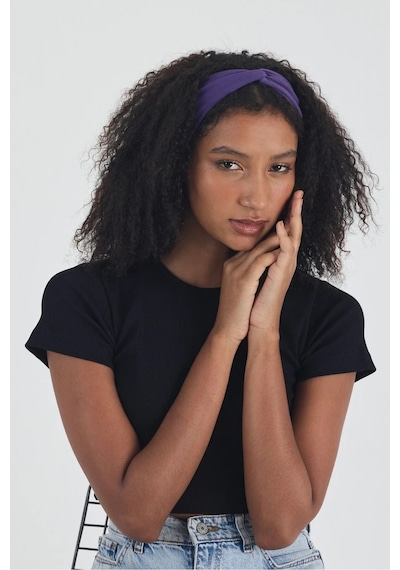 Butikgiz Siyah Kısa Kol Bisiklet Yaka Vücuda Oturan Kaşkorse Crop + Bandana Set %100 Pamumklu, Esnek Rahat Siyah-mor