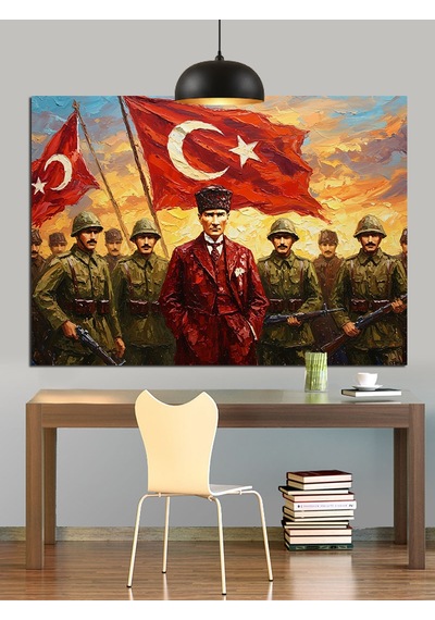 Bayrak Tutan Askerler Ve Atatürk Dekoratif Kanvas - Mdf Ahşap Tablo