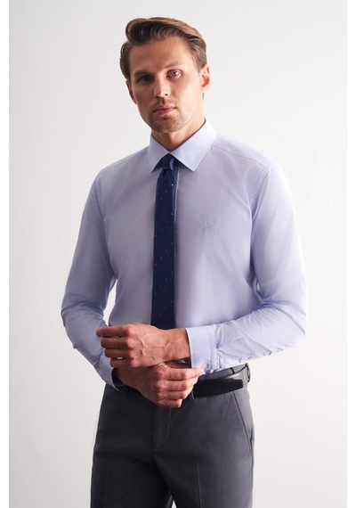 İmza Mavi Uzun Kol Sert Yaka Düz Pamuklu Slim Fit Gömlek 1004260008