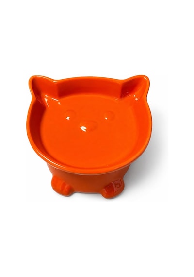 Seramik Kedi Köpek Mama Ve Su Kabı Kabartmalı Kedi Köpek Figürlü Eğimli Ve Yükseltilmiş Mama Kabı, Boyun Ve Omurgayı Destekleyen Ergonomik Tasarım, Kolay Temizlenebilir Turuncu Figürlü