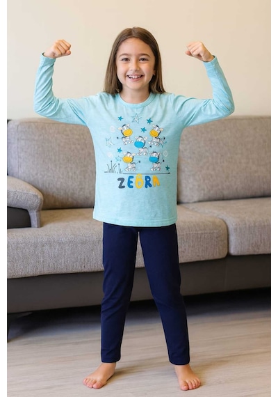 Çocuk Pijama Takımı %100 Pamuk Zebra Desenli Mavi