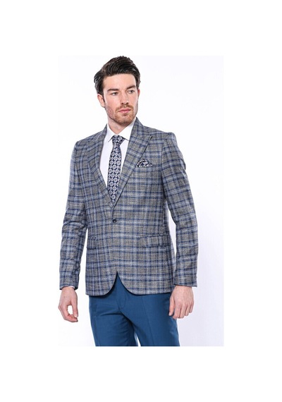 Wessi Ekose Slim Fit Tek Düğme Lacivert Erkek Ceket 001