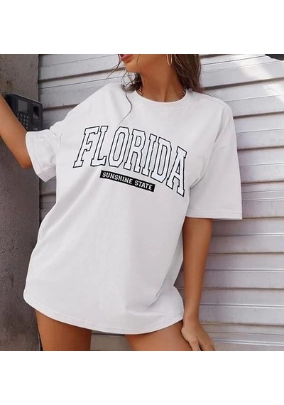 Kadın Kısa Kol Yazlık Tişört Bisiklet Yaka Florıda Baskılı T-shirt - Beyaz