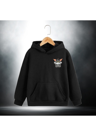Tom Baskılı Oversize Unisex Kapüşonlu Sweatshirt Siyah