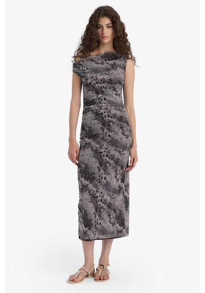 Defacto Bodycon Vücudu Saran Açık Omuz Desenli Tül Maxi Elbise F0421ax25augr169 Gri