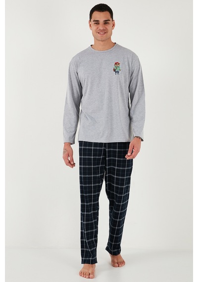Buratti Ekoseli Regular Fit Yüksek Bel Cepli Bisiklet Yaka Erkek Pijama Takımı 6574002 Gri
